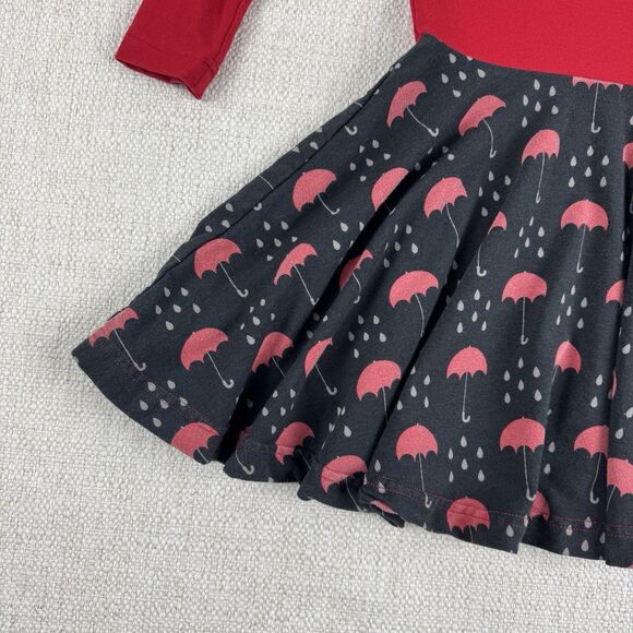 KicKee Kids Red Black Bamboo Umbrellas Rain Print Long Sleeve Circle Dress - Picture 3 of 13
